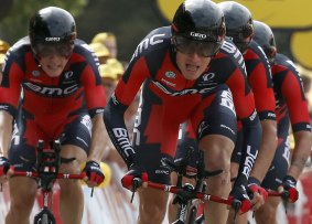 BMC Racing rider Tejay van Garderen leads his team as they cross the finish line.
