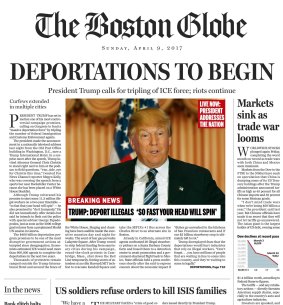 The satirical front page of <i>The Boston Globe</i> published on the newspaper's website on  April 9.