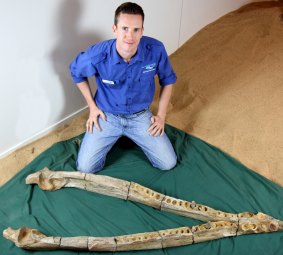 Dr Timothy Holland with the mandible of the Kronosaurus.