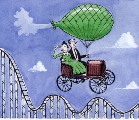 Like riding a flying machine above a rollercoaster, investing in ETFs is less volatile than individual shares, but timing is still important. Illustration: Simon Letch