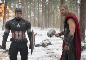 Chris Hemsworth with co-star Chris Evans in <i>Avengers: Age of Ultron</i>
