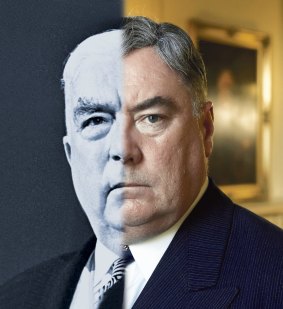 Half the face is the real Robert Menzies, half the actor Matthew King playing Menzies in the miniseries <i>Churchill at War</i>.

