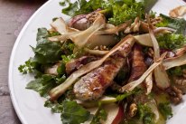 Chicken and pancetta salad with parsnip crisps.