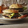 Yellowfin tuna cheeseburgers with salt and vinegar onion rings.