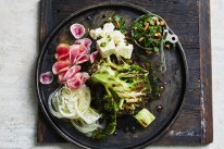 Barbecued broccoli salad with almond salsa verde