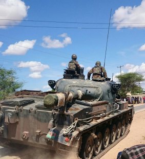 A Kenya Defence Forces tank arrives at Garissa University College.