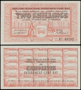 Mossgreen sale of internment bank notes: Two shillings banknote. Estimated price $15,000.