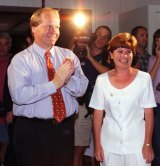 Celebrating with then Premier Peter Beattie as the successful Bundamba candidate in 2000.