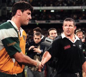 A union of Australia and New Zealand would be much more than just an invincible rugby combination. The Wallabies' John Eales and All Blacks' Sean Fitzpatrick shake hands after a Bledisloe Cup match in 1997.