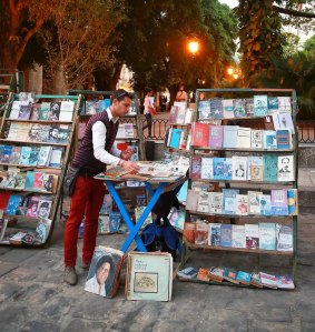 Book stalls line streets.