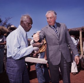 A symbolic moment in 1975 when prime minster Gough Whitlam poured a handful of red earth into the hands of Vincent Lingiari, a leader of the Gurindji people.