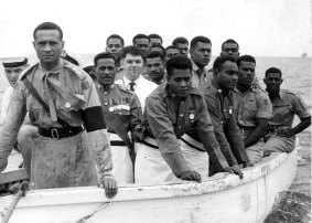 Stuart Inder covering Ratu Sir Lala Sukuna's funeral at Lakeba, Fiji, in 1958.