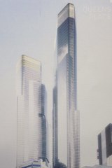 An artist's impression of the soaring 79 level twin towers planned for 350 Queen Street, next to the diminutive Welsh Church.