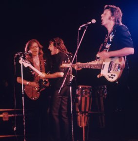 (L-R) Henry McCullough, Denny Laine and Paul McCartney of Wings in Arles, France 1972.