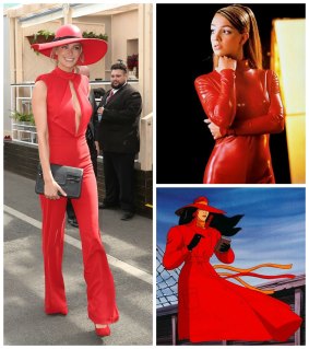 Ladies in red: Jennifer Hawkins, Britney Spears and Carmen Sandiego.