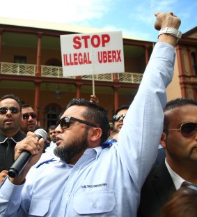 Taxi drivers protest against Uber at the NSW State Parliament in Sydney earlier this month.
