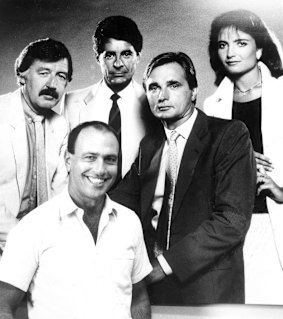 Gerald Stone (front), executive producer of 60 Minutes, with journalists (from left) George Negus, Ian Leslie, Jeff McMullen and Jana Wendt. 