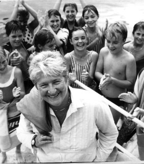 Fraser is cheered by children at her local swimming pool shortly after her election win in Balmain.