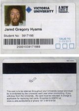 Jared Hyams' Victoria University student card.
