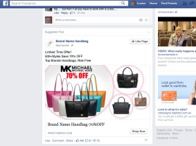 The more Louise Kelly searched online for branded bags, the more ads (featuring fake ones) appeared on her Facebook page and other sites, including this "suggested post".