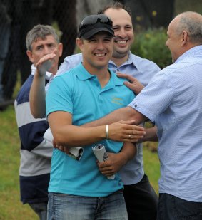 Canberra trainer Luke Pepper (light blue shirt) is optimistic about Hill Spy's Wagga Town Plate chances on Thursday. 