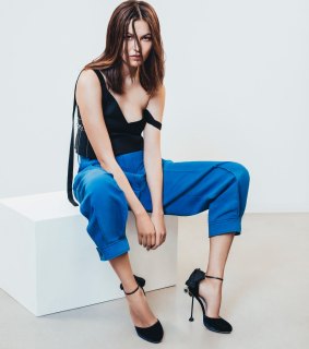Ellery "Demigod Pleat Side Studded" camisole ($1100). Team with Sportmax "Sale" pants ($815) and statement Miu Miu "Black Embellished Velvet" heels ($1840) to complete the relaxed yet glitzy look.