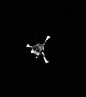 The Philae lander, as seen from Rosetta, recently awoke from its emergency hibernation.