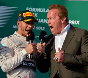 Arnold Schwarzenegger and Formula 1 winner Lewis Hamilton on Sunday. 