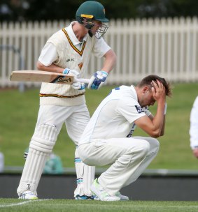 Harry Conway of New South Wales holds his head after another appeal didn't go his way.