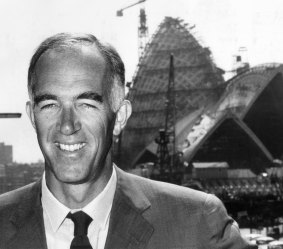 Danish architect Jorn Utzon in front of the Sydney Opera House during its construction.
