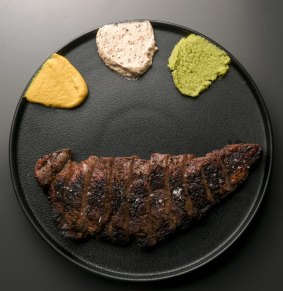 Wagyu steak with mustard, whipped beef fat and wasabi schmears.