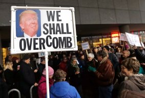 Protesters gather outside the World Trade Centre in Portland, Oregon.