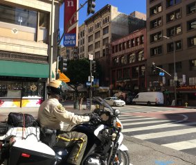 A sheriff patrols the streets of downtown Los Angeles. 