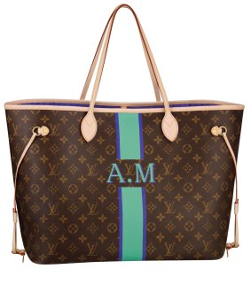 A signature Louis Vuitton Neverfull bag with customised stripes and initials.