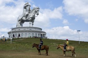 A 131-foot-tall steel statue of Genghis Khan outside Ulaanbaatar in Mongolia.  