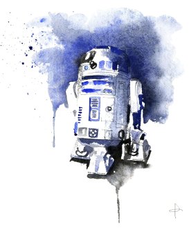 An R2-D2 watercolour reflects the elegant interpretation of  Blule, aka Clementine Campardou.