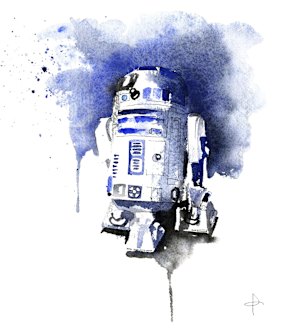 An R2-D2 watercolour reflects the elegant interpretation of  Blule, aka Clementine Campardou.