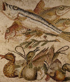 A mosaic of fish and ducks from the ancient Roman city of Pompeii.