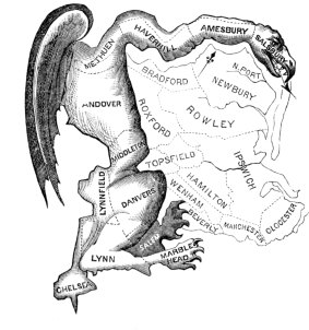 This 1812 cartoon depicts the senate election map of the Massachussets state election drawn in favour the Democratic-Republican Party candidates of Governor Elbridge Gerry over the Federalists. The governor's name and the salamander shape of the district gave rise to the term gerrymandering.
