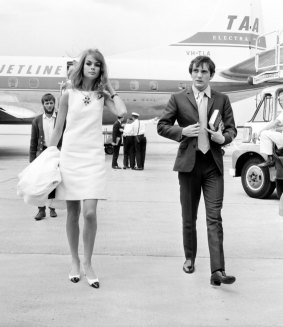English model Jean Shrimpton and her companion, actor Terence Stamp, arriving at Essendon Airport for  Melbourne Cup week on October 30, 1965.

