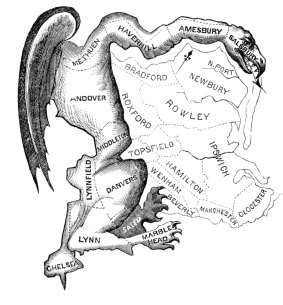 1812 cartoon depicts the senate election map of the Massachusetts state election drawn in favour of the Democratic-Republican Party candidates of Governor Elbridge Gerry over the Federalists. The governor's name and the salamander shape of the district gave rise to the term gerrymandering.