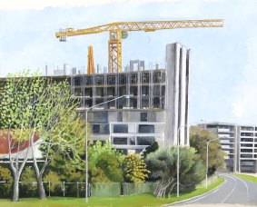 Construction in Woden another painting by Christopher Oates in his exhibition Infrastructure.