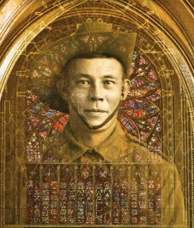 Diggers' Requiem image of Australian Army sniper William " Billy" Sing (AWM PO3633.006) superimposed over a photo of Amiens Cathedral’s Western Rose window.