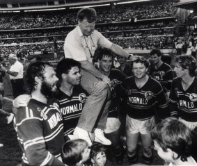 You beauty: Fulton is chaired off the field by his team after coaching Manly to the 1987 title.