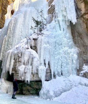 The waterfalls freeze into spectacular formations in Maligne Canyon. 