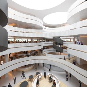 An artist's impression of the inside of a new government office block, to meet the top rating for occupants' health.