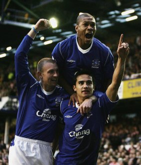 Marcus Bent celebrated with former Everton teammate Tim Cahill in 2005. 