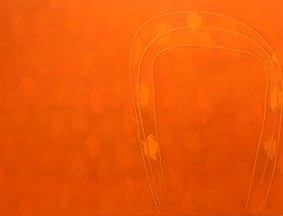 'Dust of My Fathers' shows the interplay of golden-hued tones with clamorous orange-reds – based on a wild dust storm from his youth.