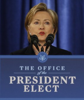 In 2008, then-Secretary of State-designate Hillary Clinton speaks during a news conference with President-elect Barack Obama.