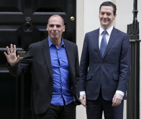 Dressing to impress: Greek Finance Minister Yanis Varoufakis in London with Britain's Chancellor of the Exchequer, George Osborne.